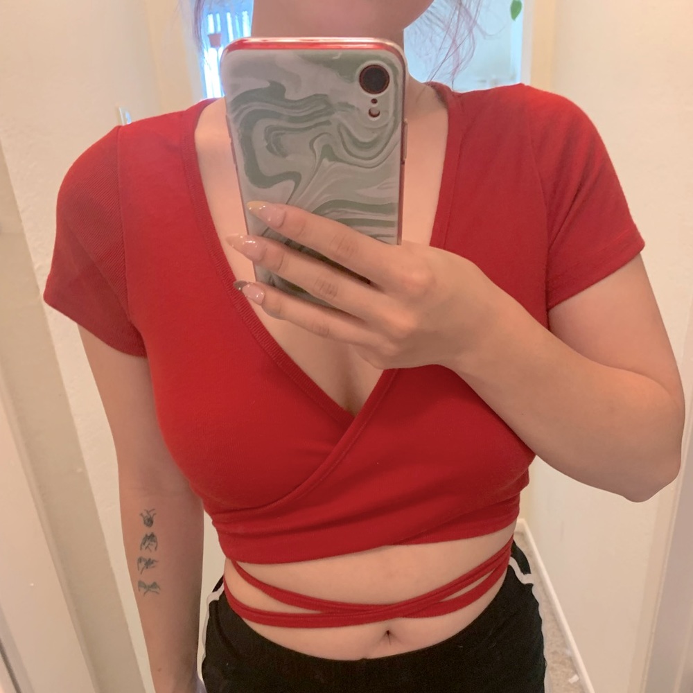 Red strappy wrap around t-shirt
